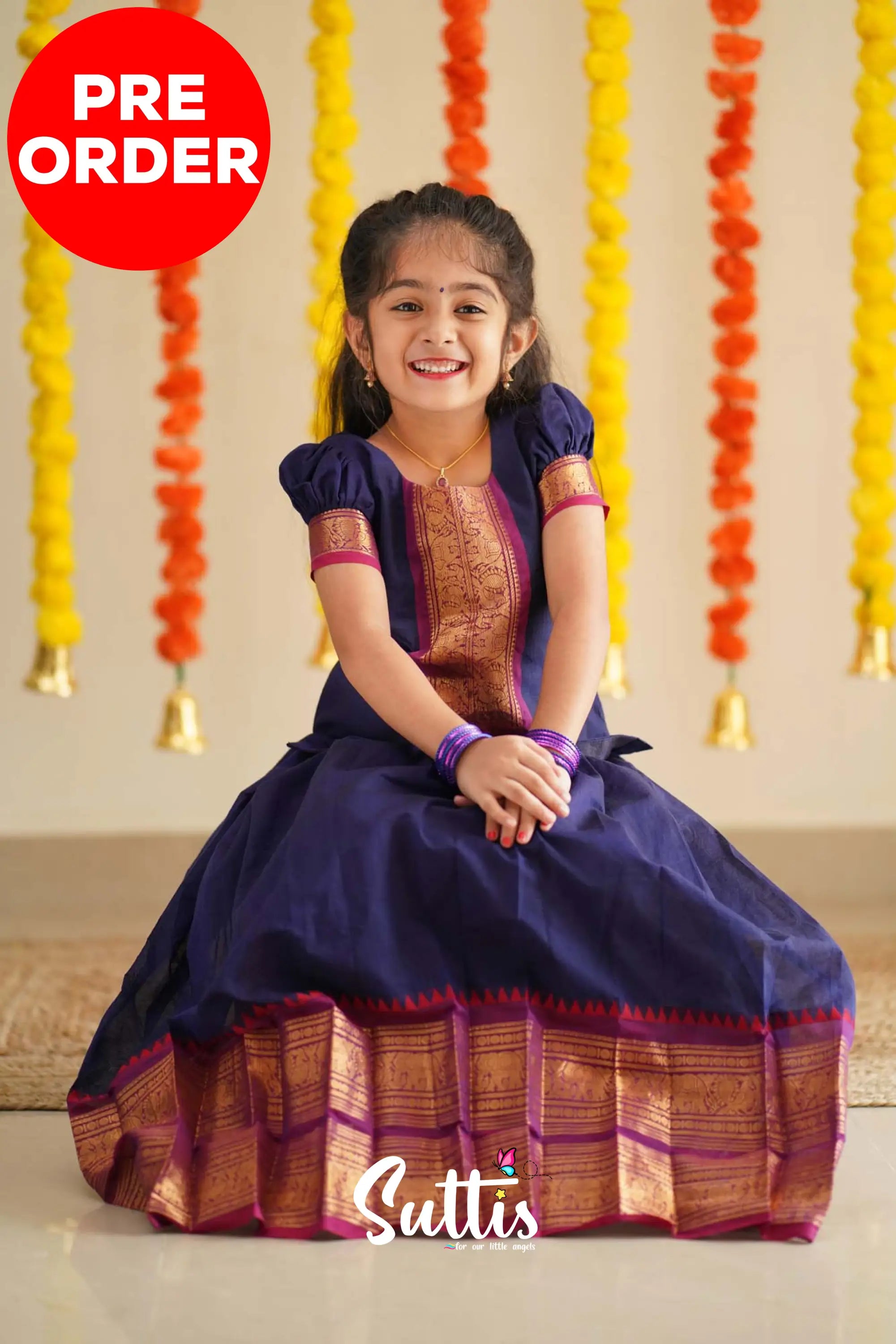 Padmaja - Navy Blue And Purplish Magenta Handloom Cotton Pavadai Sattai Kids-Suttis