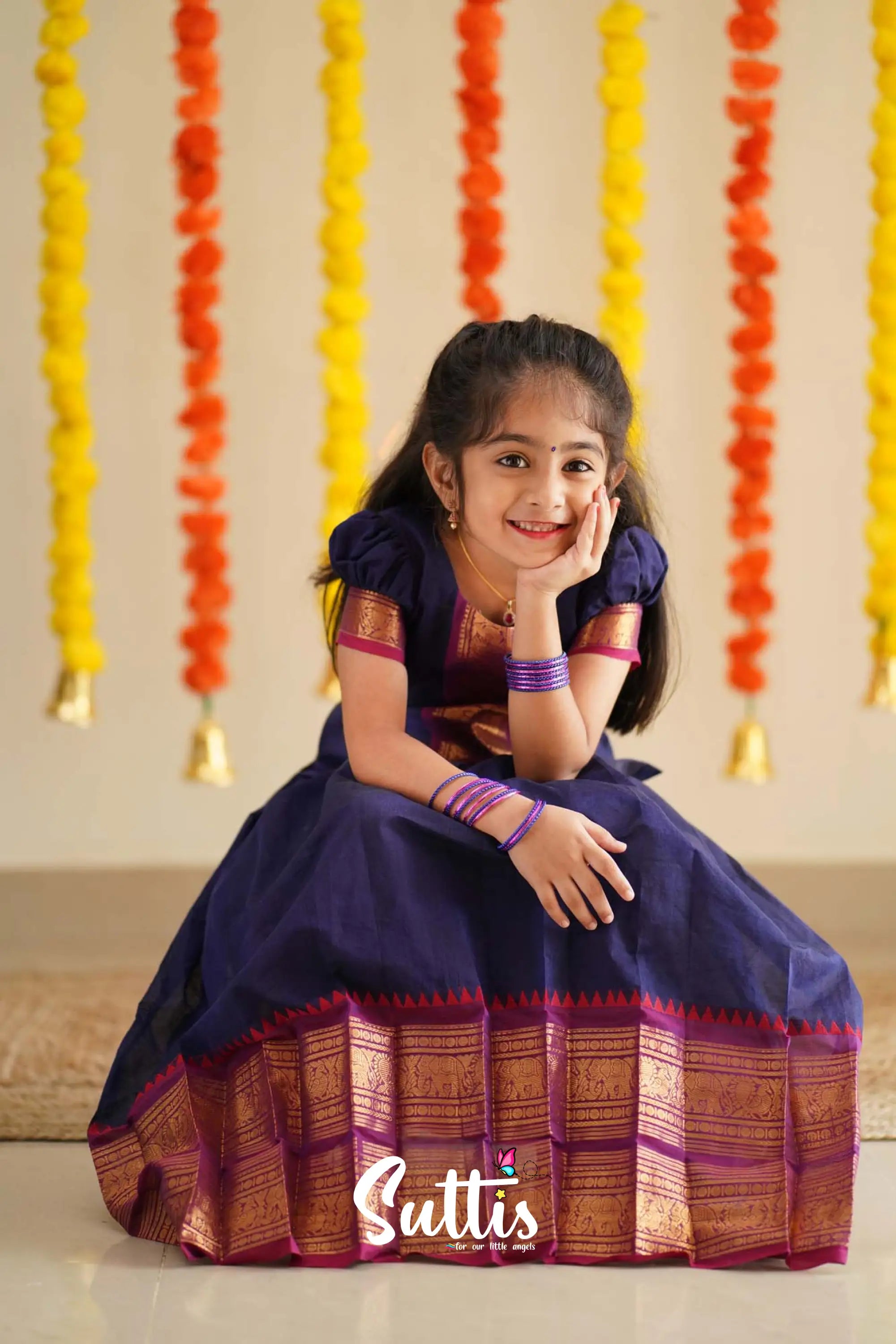 Padmaja - Navy Blue And Purplish Magenta Handloom Cotton Pavadai Sattai Kids-Suttis