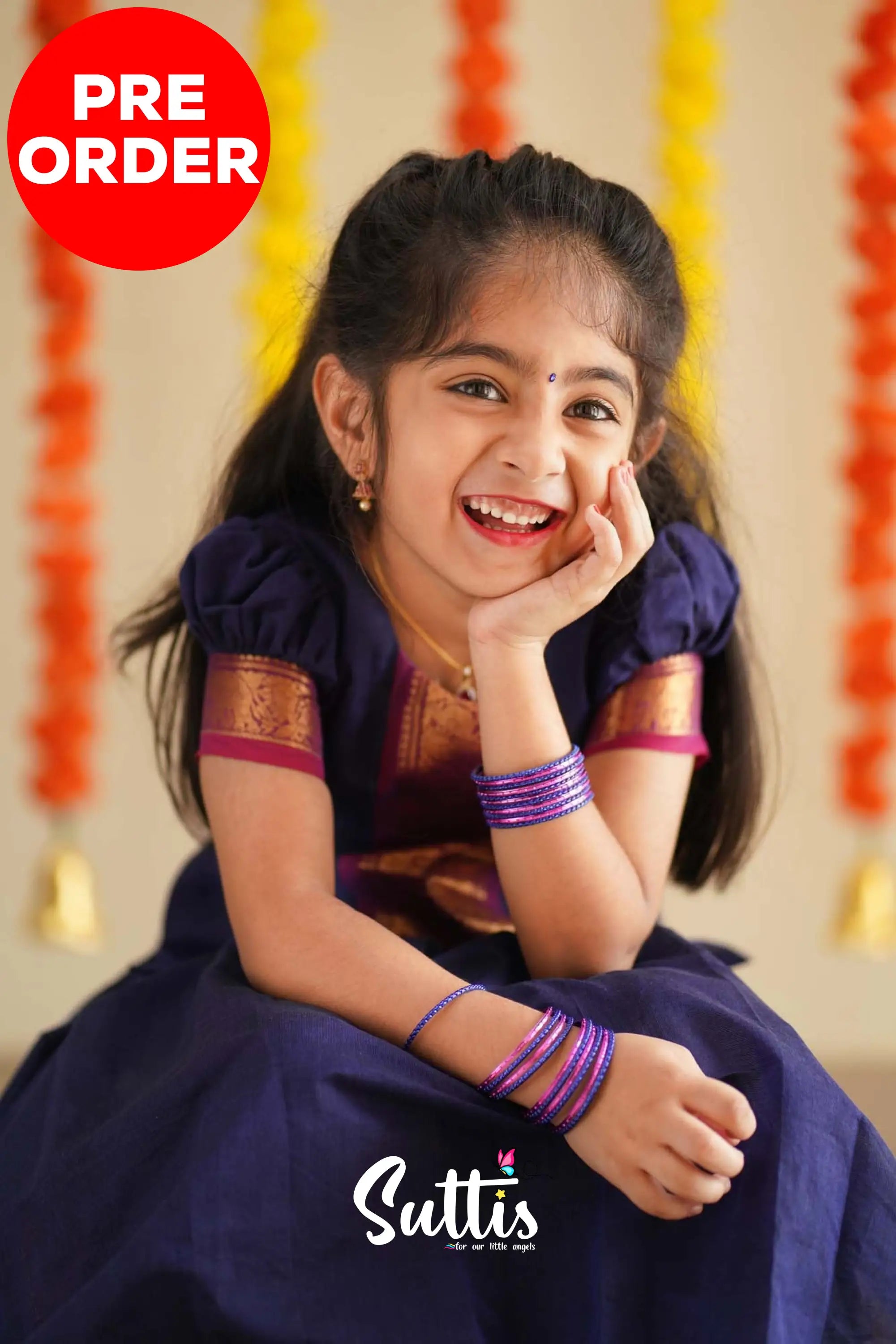 Padmaja - Navy Blue And Purplish Magenta Handloom Cotton Pavadai Sattai Kids-Suttis