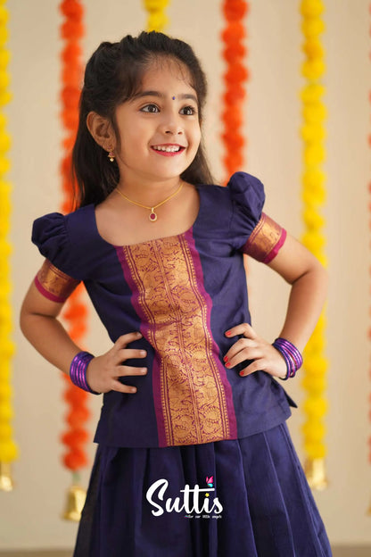 Padmaja - Navy Blue And Purplish Magenta Handloom Cotton Pavadai Sattai Kids-Suttis