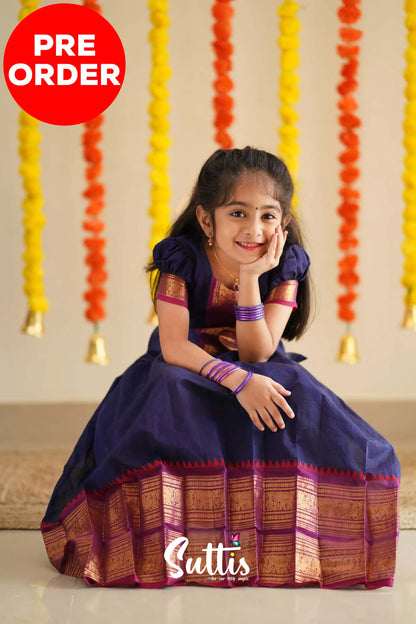 Padmaja - Navy Blue And Purplish Magenta Handloom Cotton Pavadai Sattai Kids-Suttis