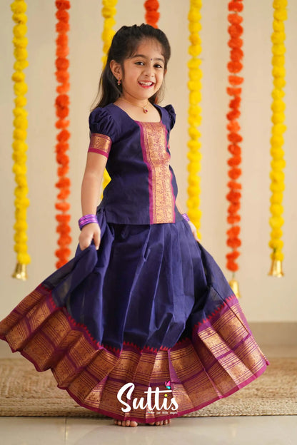 Padmaja - Navy Blue And Purplish Magenta Handloom Cotton Pavadai Sattai Kids-Suttis