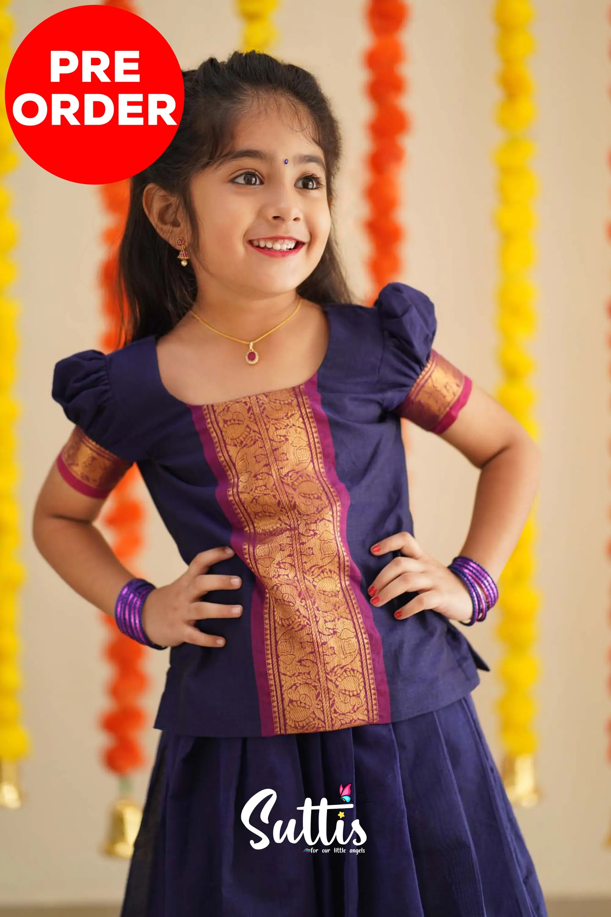 Padmaja - Navy Blue And Purplish Magenta Handloom Cotton Pavadai Sattai Kids-Suttis