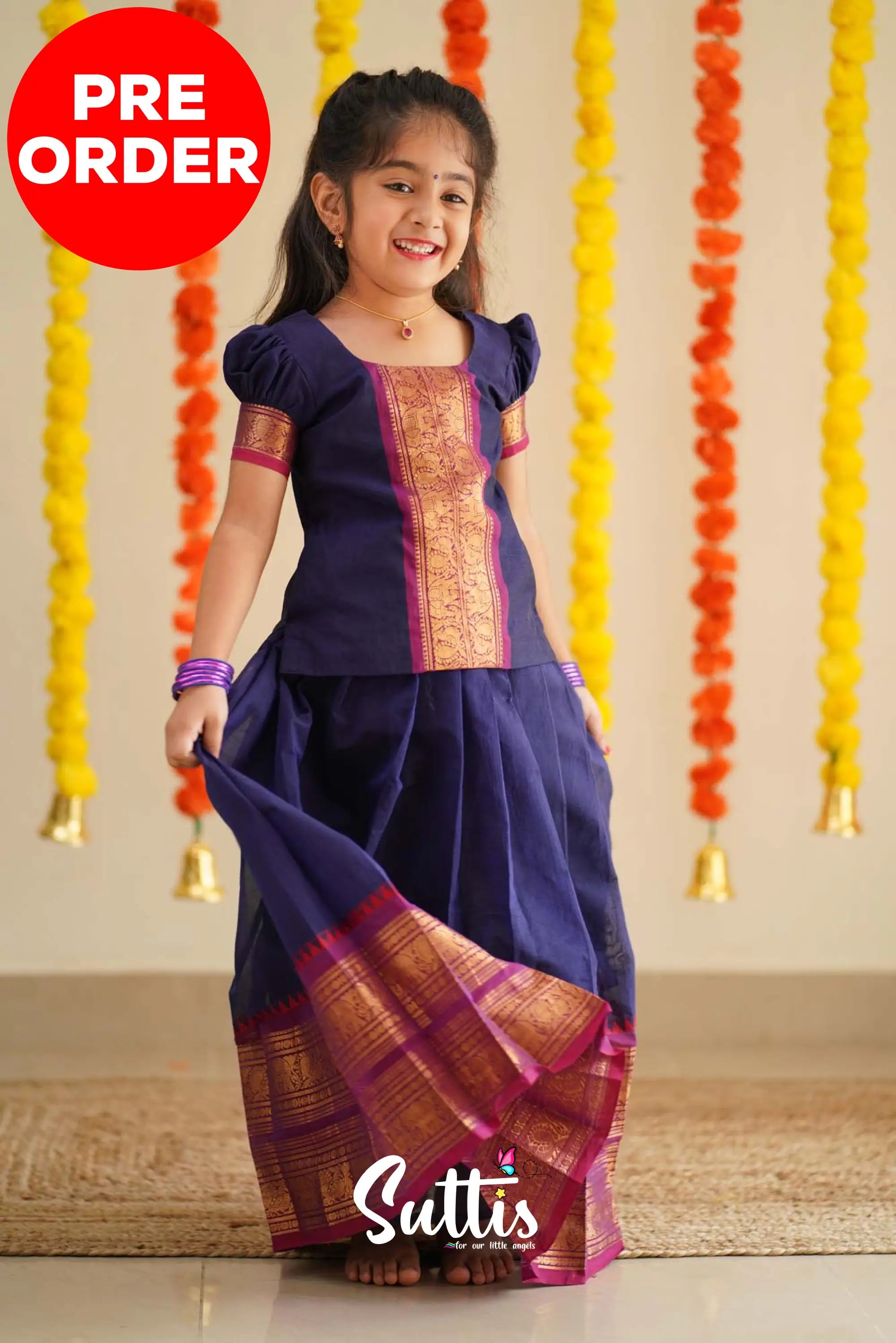 Padmaja - Navy Blue And Purplish Magenta Handloom Cotton Pavadai Sattai Kids-Suttis