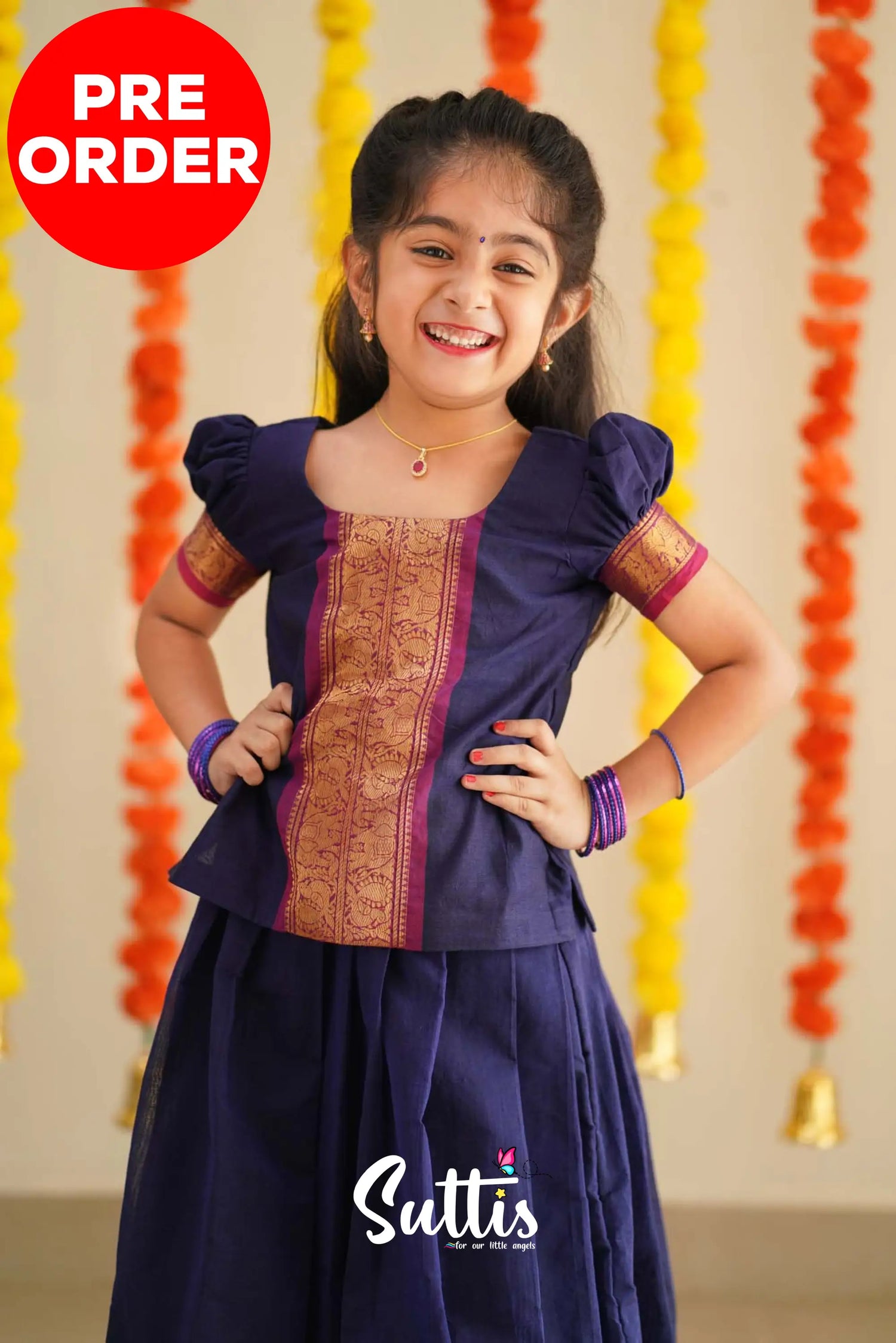 Padmaja - Navy Blue And Purplish Magenta Handloom Cotton Pavadai Sattai Kids-Suttis