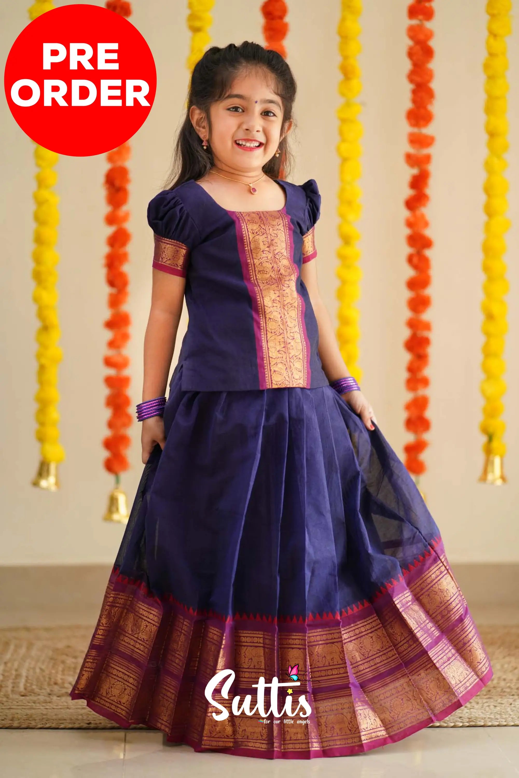 Padmaja - Navy Blue And Purplish Magenta Handloom Cotton Pavadai Sattai Kids-Suttis