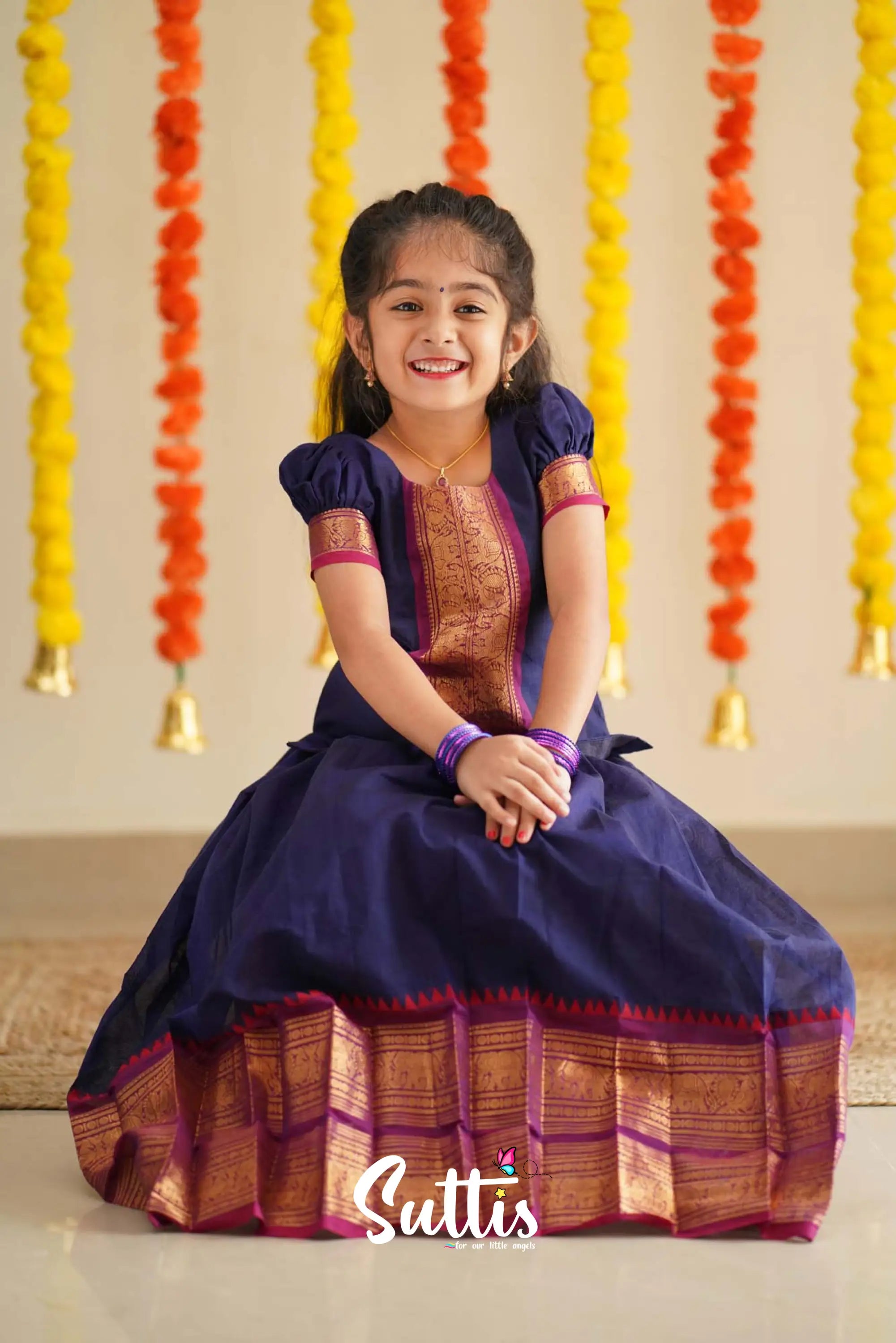 Padmaja - Navy Blue And Purplish Magenta Handloom Cotton Pavadai Sattai Kids-Suttis