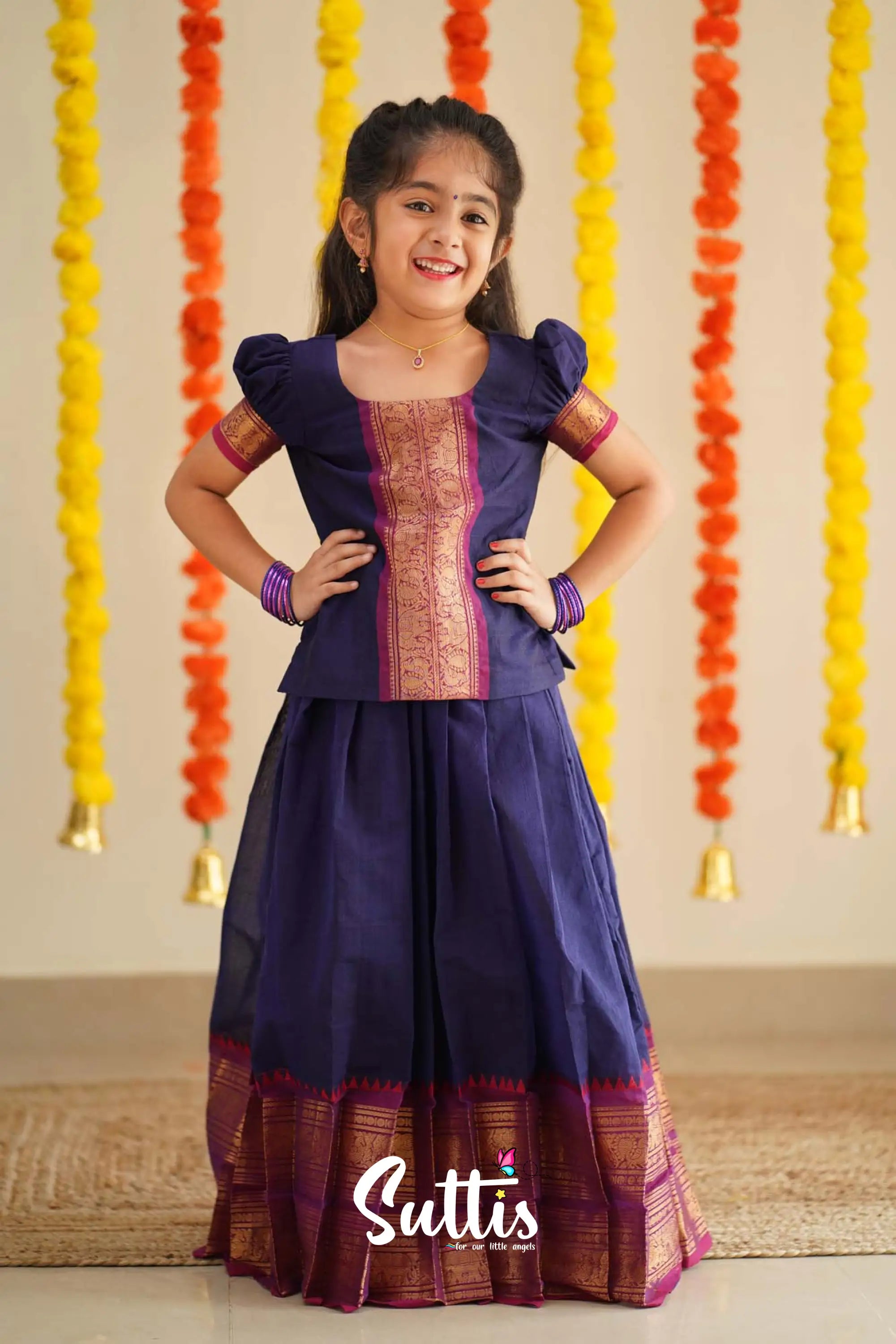 Padmaja - Navy Blue And Purplish Magenta Handloom Cotton Pavadai Sattai Kids-Suttis