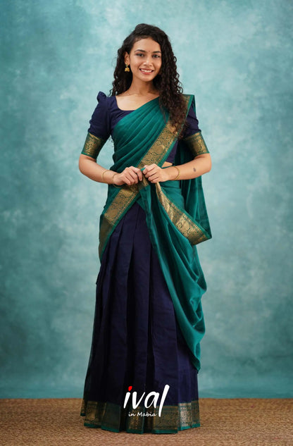 Padmaja - Navy Blue And Teal Green Cotton Halfsaree Half Sarees