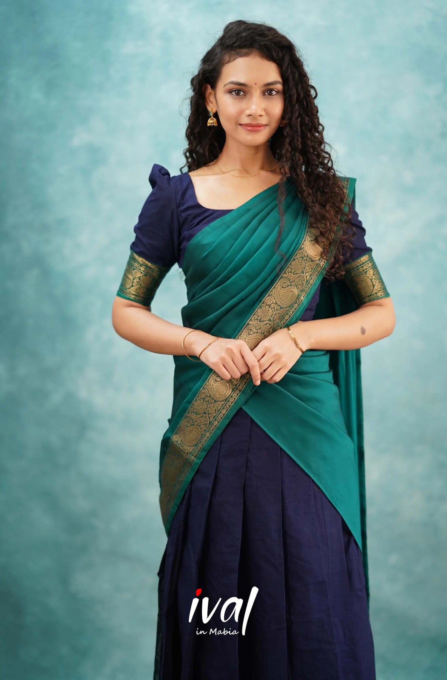 Padmaja - Navy Blue And Teal Green Cotton Halfsaree Half Sarees