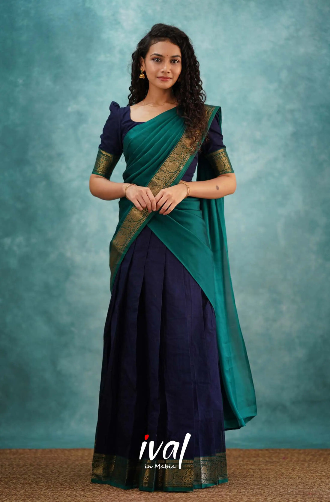 Padmaja - Navy Blue And Teal Green Cotton Halfsaree Half Sarees