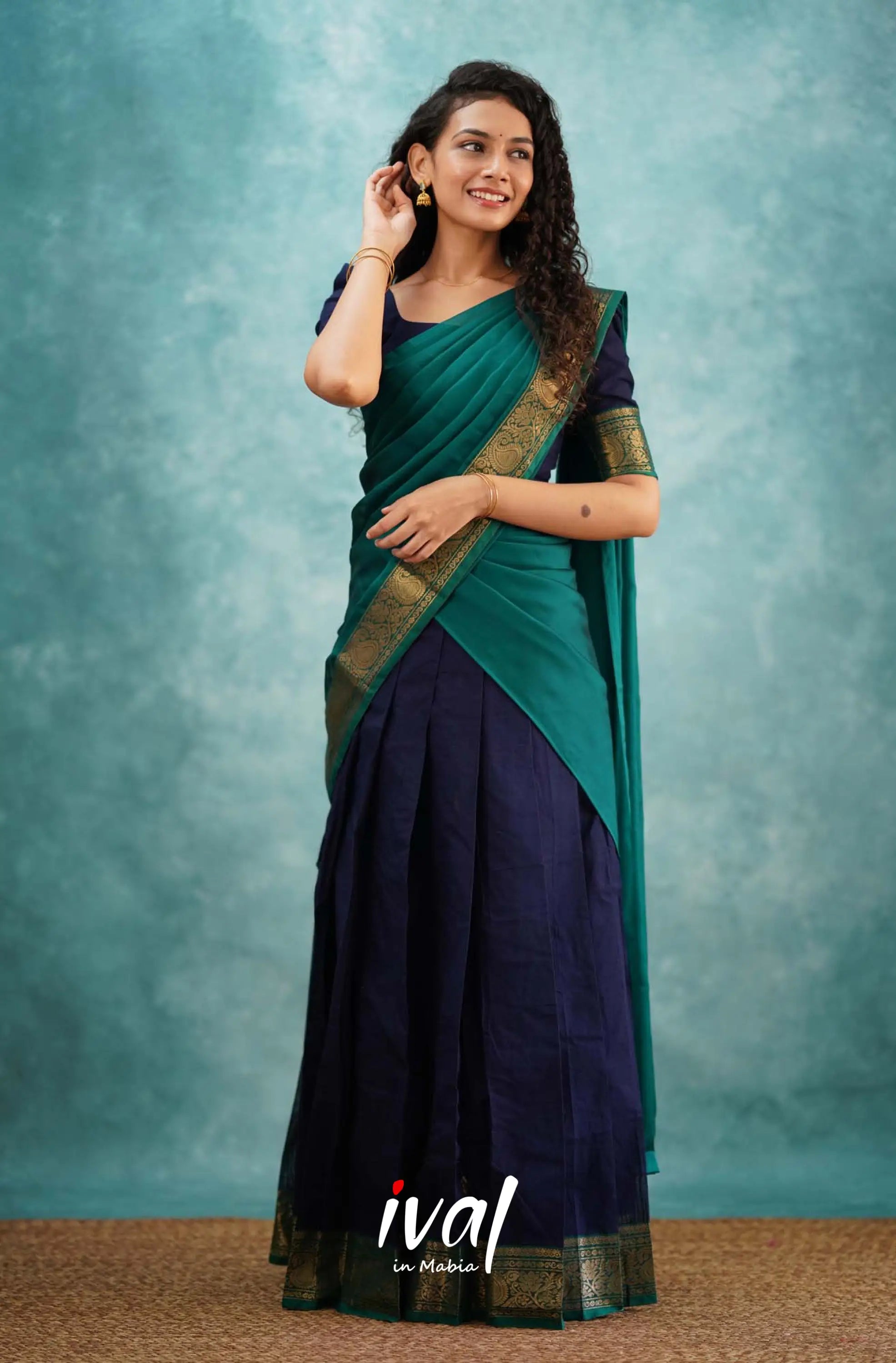 Padmaja - Navy Blue And Teal Green Cotton Halfsaree Half Sarees