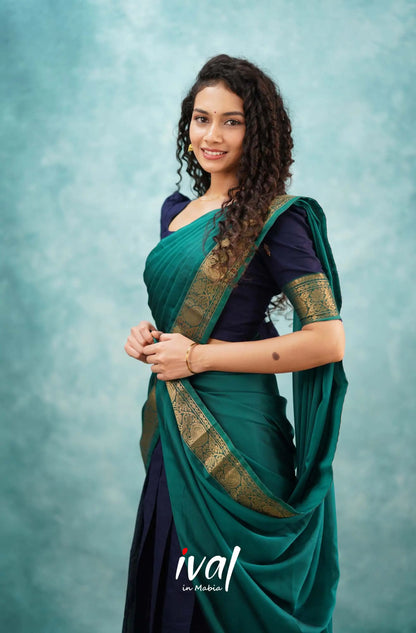 Padmaja - Navy Blue And Teal Green Cotton Halfsaree Half Sarees