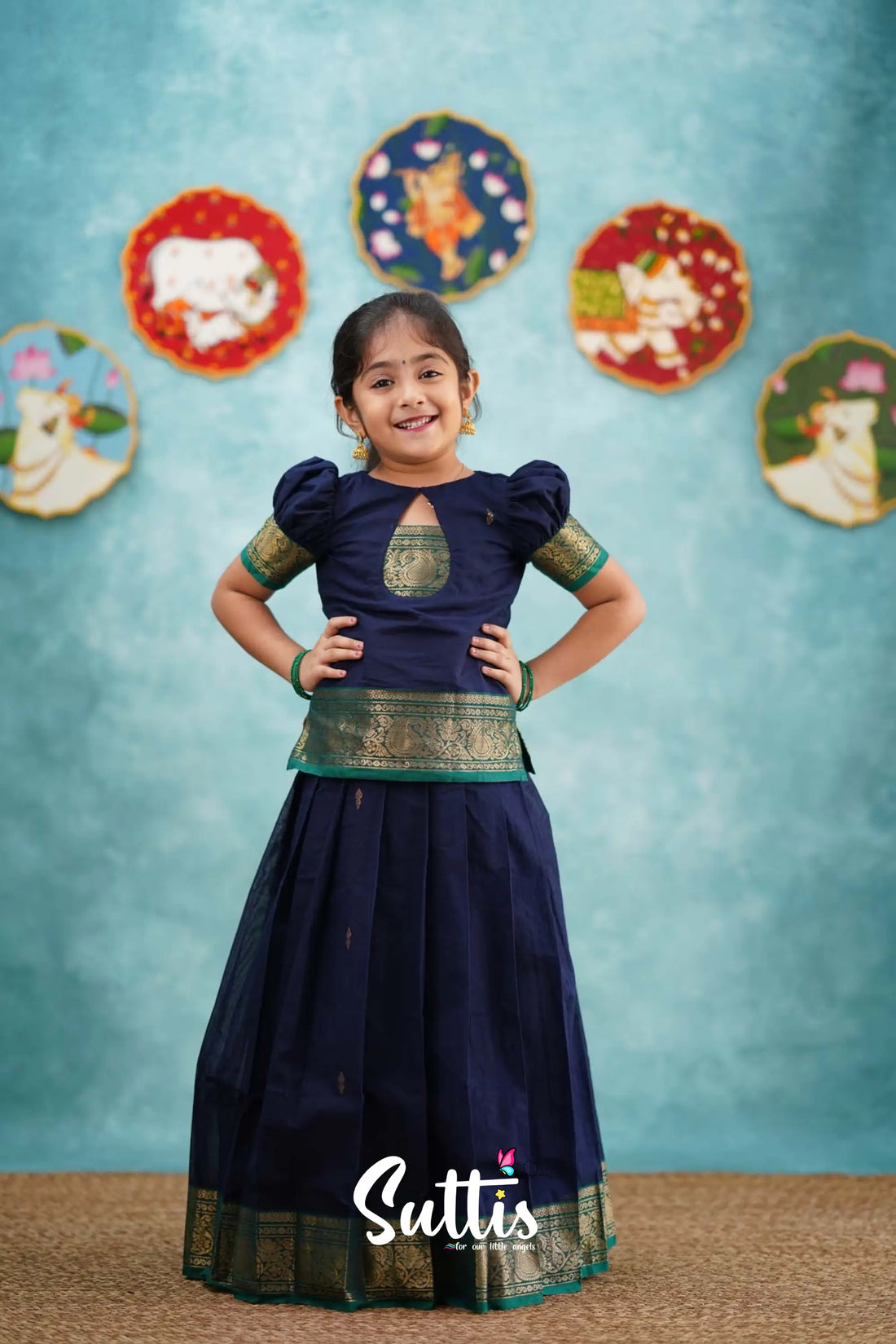 Padmaja - Navy Blue And Teal Green Pavadai Sattai Kids-Suttis