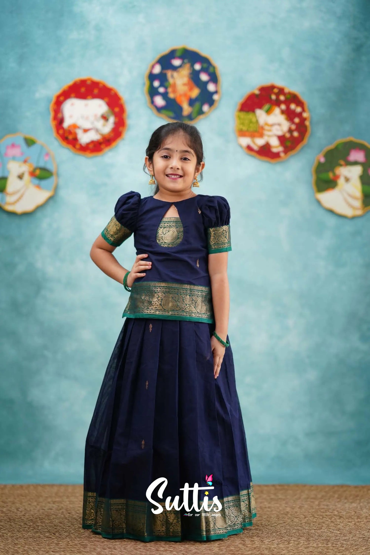 Padmaja - Navy Blue And Teal Green Pavadai Sattai Kids-Suttis