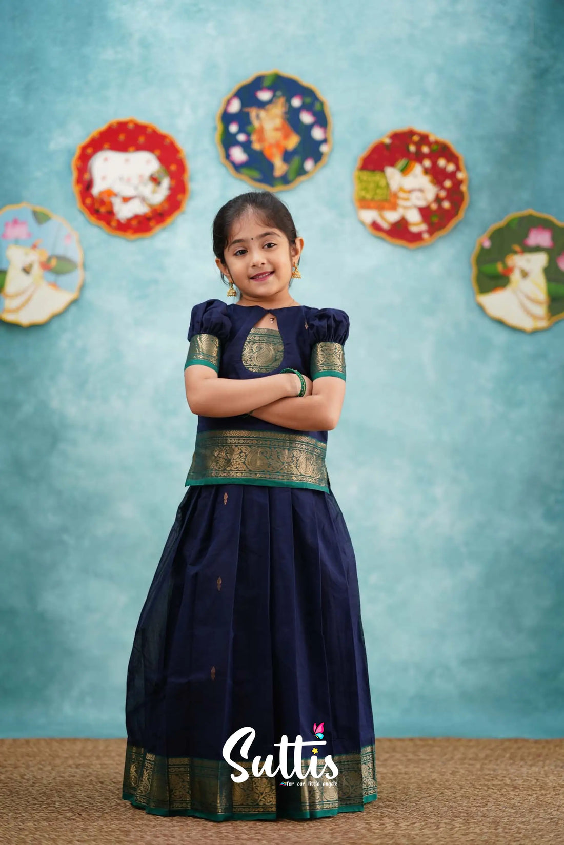 Padmaja - Navy Blue And Teal Green Pavadai Sattai Kids-Suttis