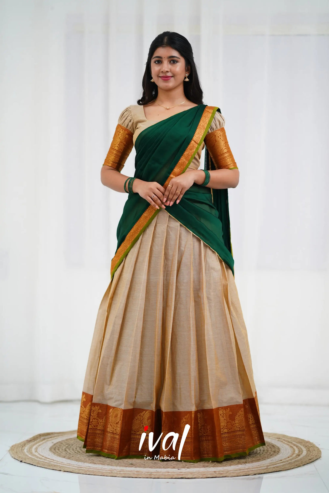 Padmaja - Off White And Bottle Green Cotton Halfsaree Half Sarees