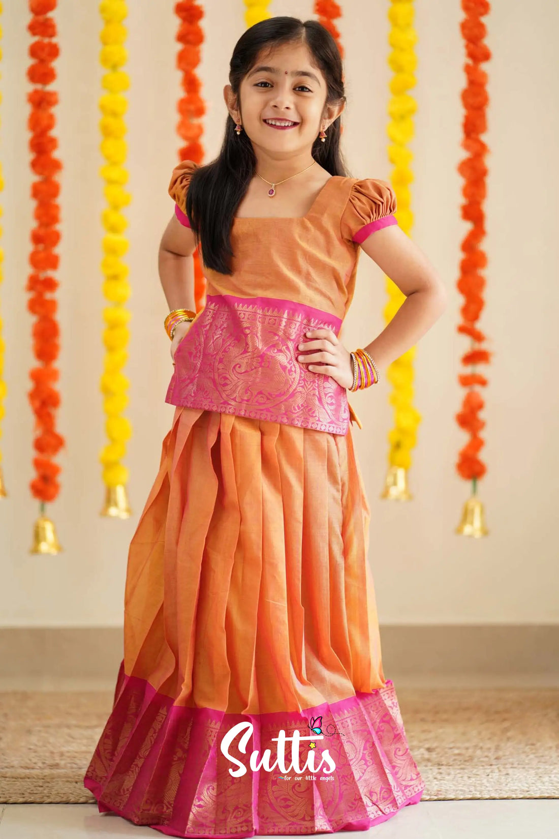 Padmaja - Orange And Pink Handloom Cotton Pavadai Sattai Kids-Suttis