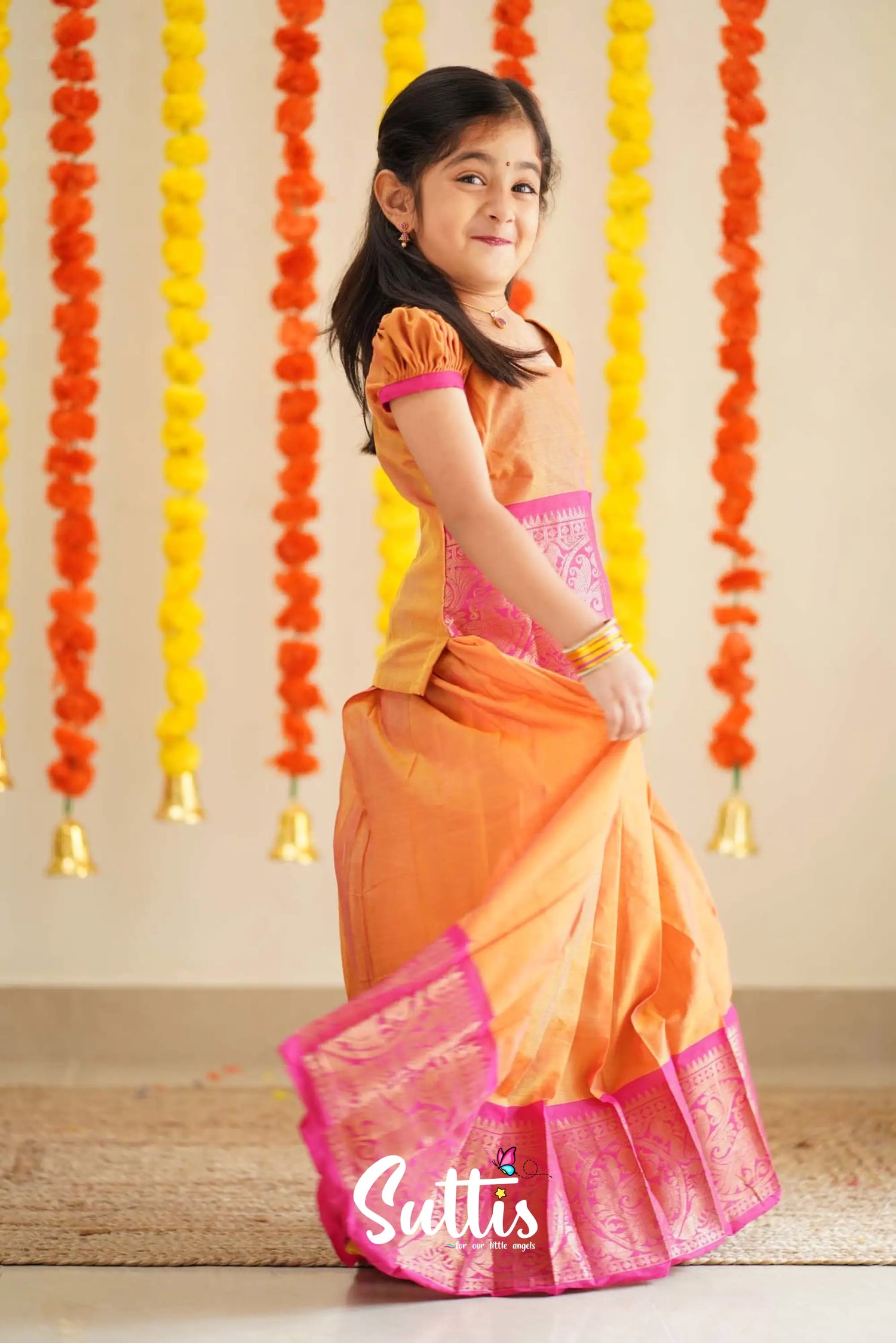 Padmaja - Orange And Pink Handloom Cotton Pavadai Sattai Kids-Suttis