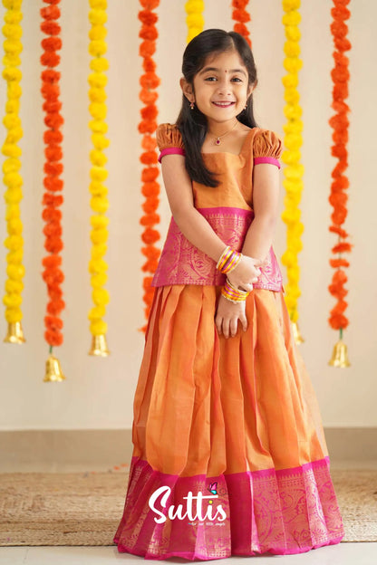 Padmaja - Orange And Pink Handloom Cotton Pavadai Sattai Kids-Suttis