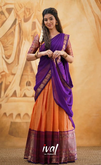 Padmaja - Orange And Purple Cotton Halfsaree