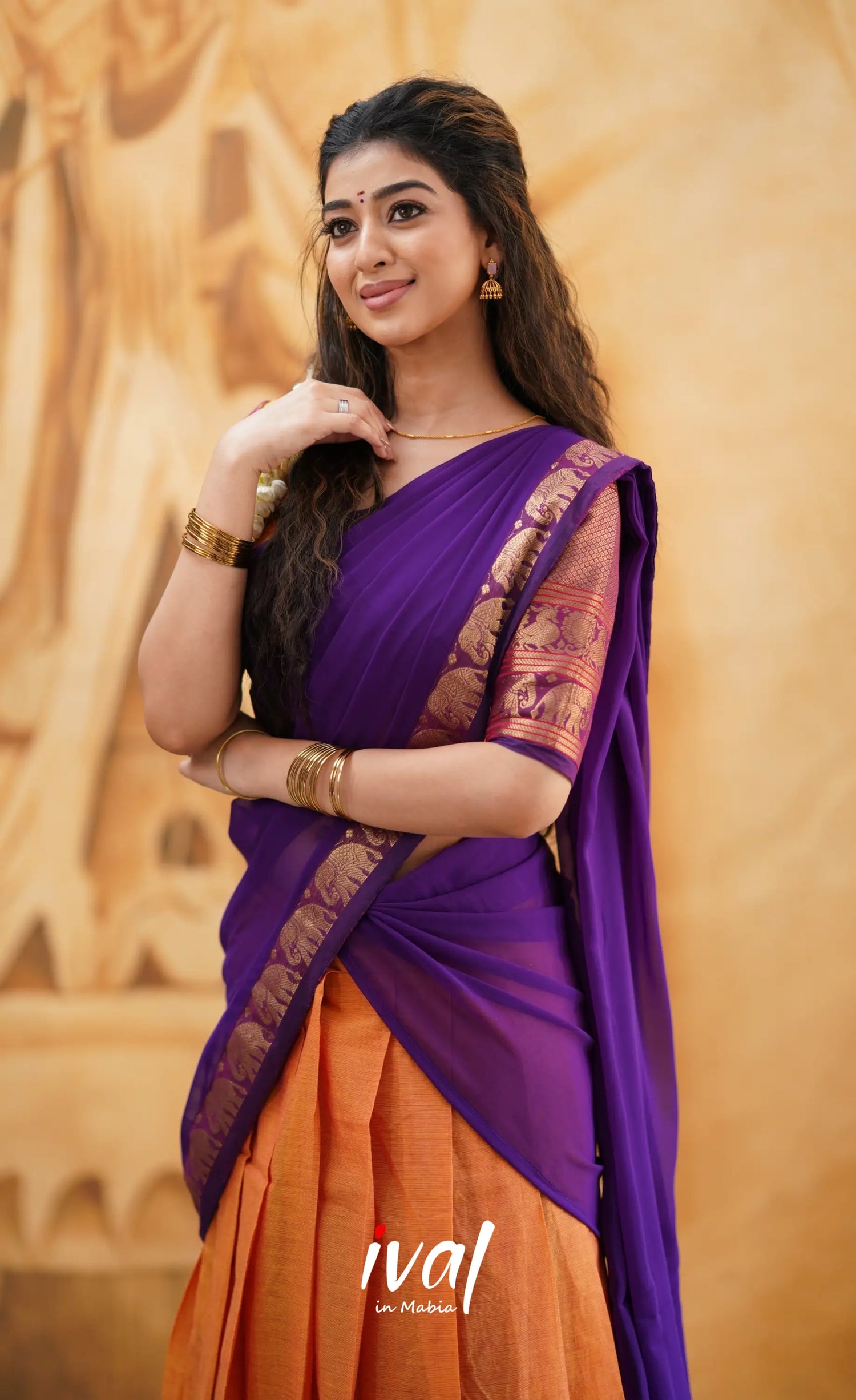 Padmaja - Orange And Purple Cotton Halfsaree