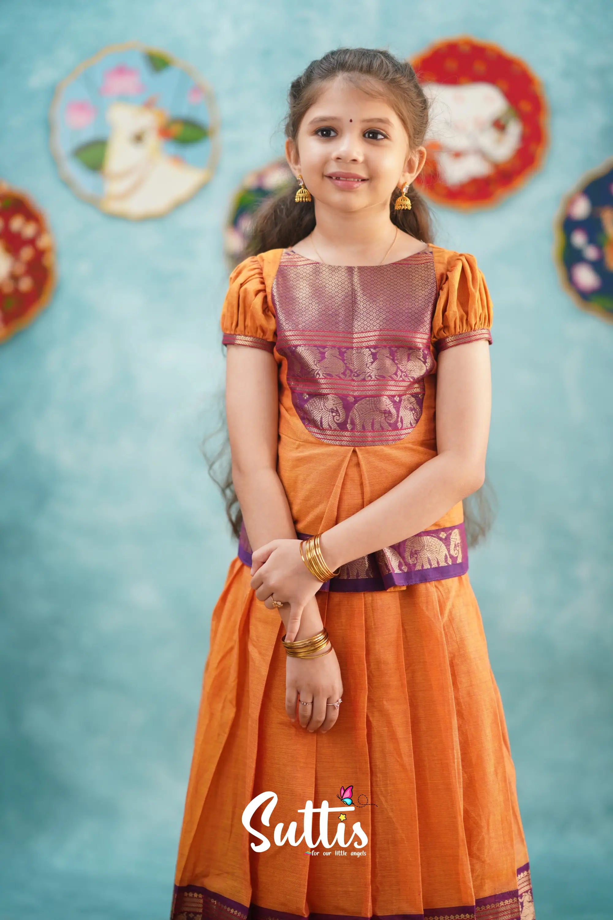 Padmaja - Orange And Purple Pavadai Sattai Kids-Suttis