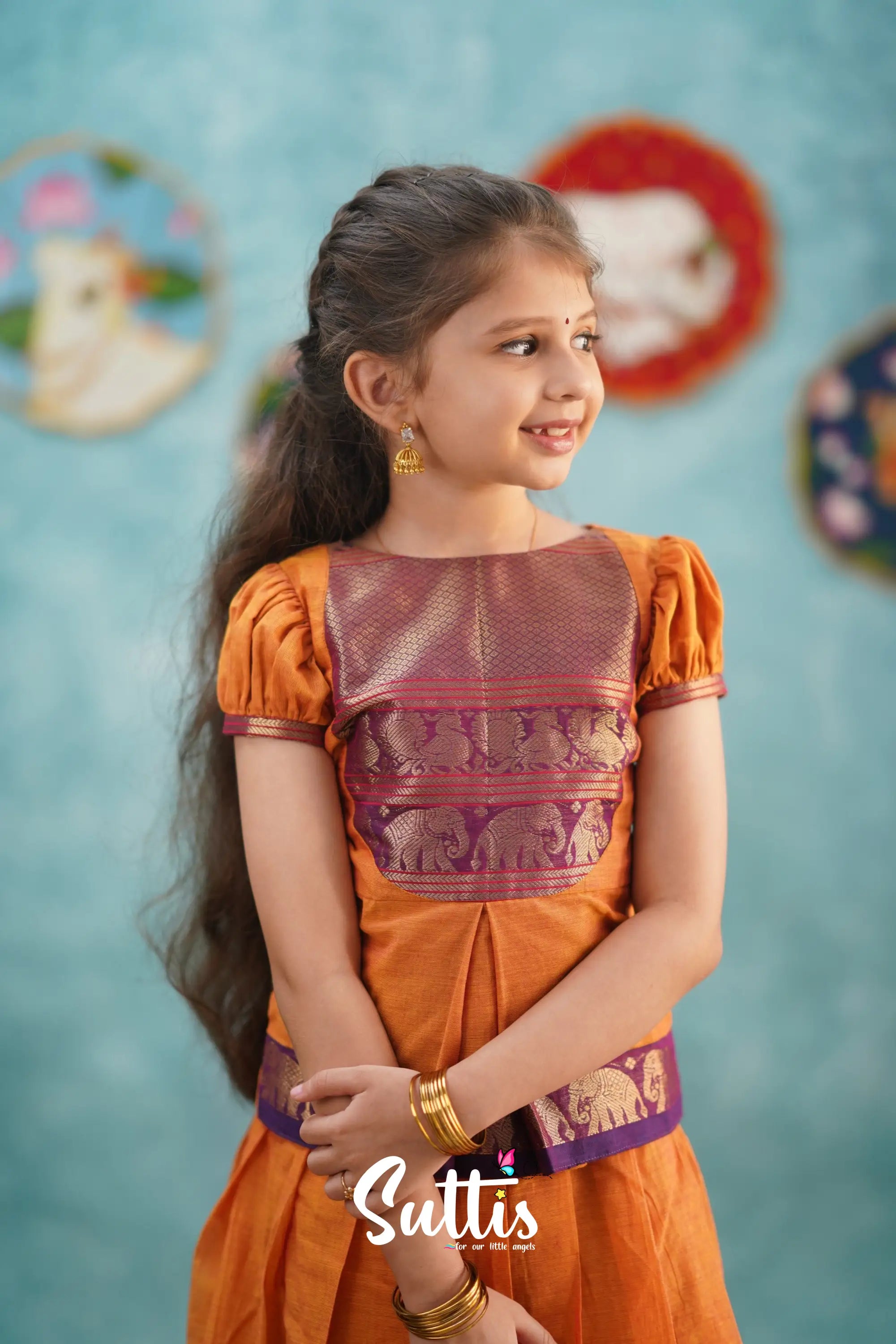 Padmaja - Orange And Purple Pavadai Sattai Kids-Suttis