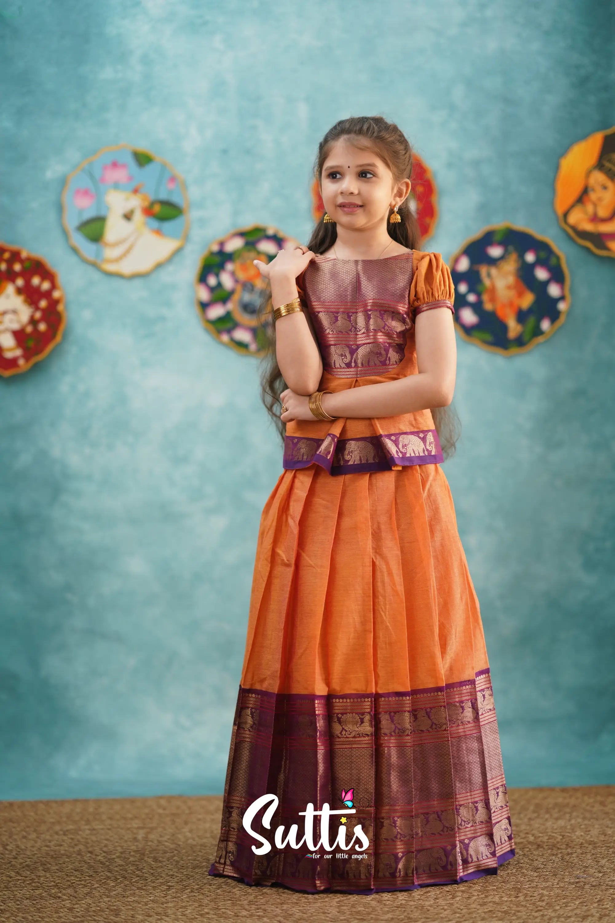 Padmaja - Orange And Purple Pavadai Sattai Kids-Suttis