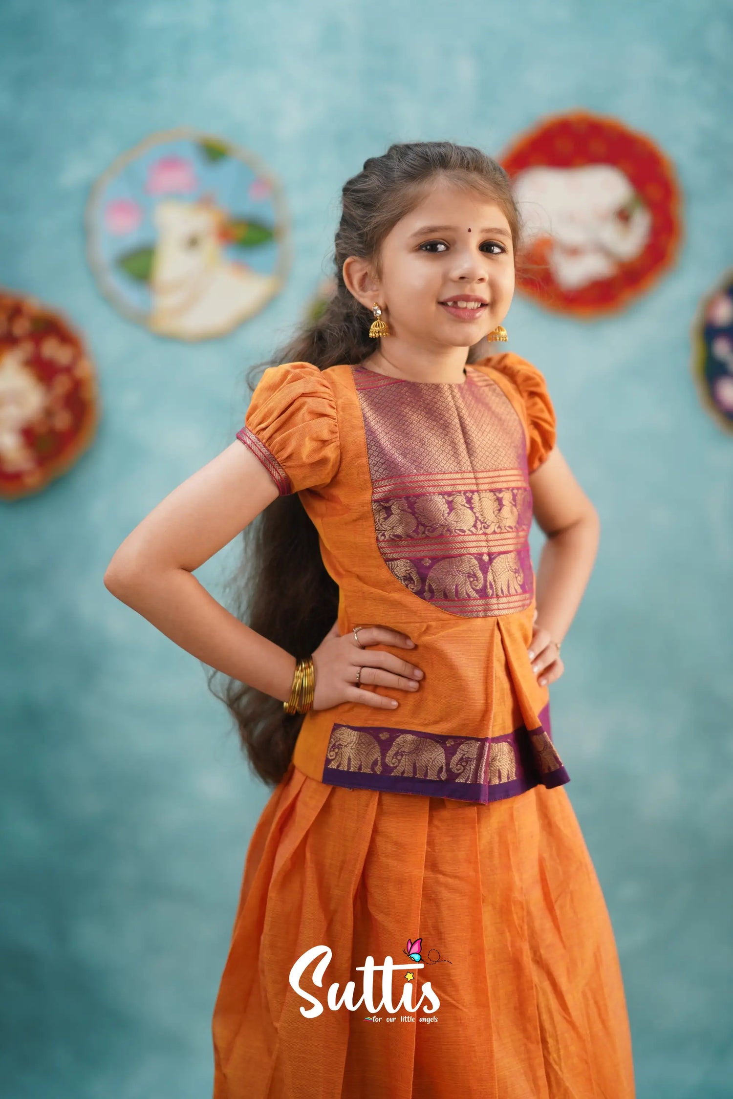 Padmaja - Orange And Purple Pavadai Sattai Kids-Suttis