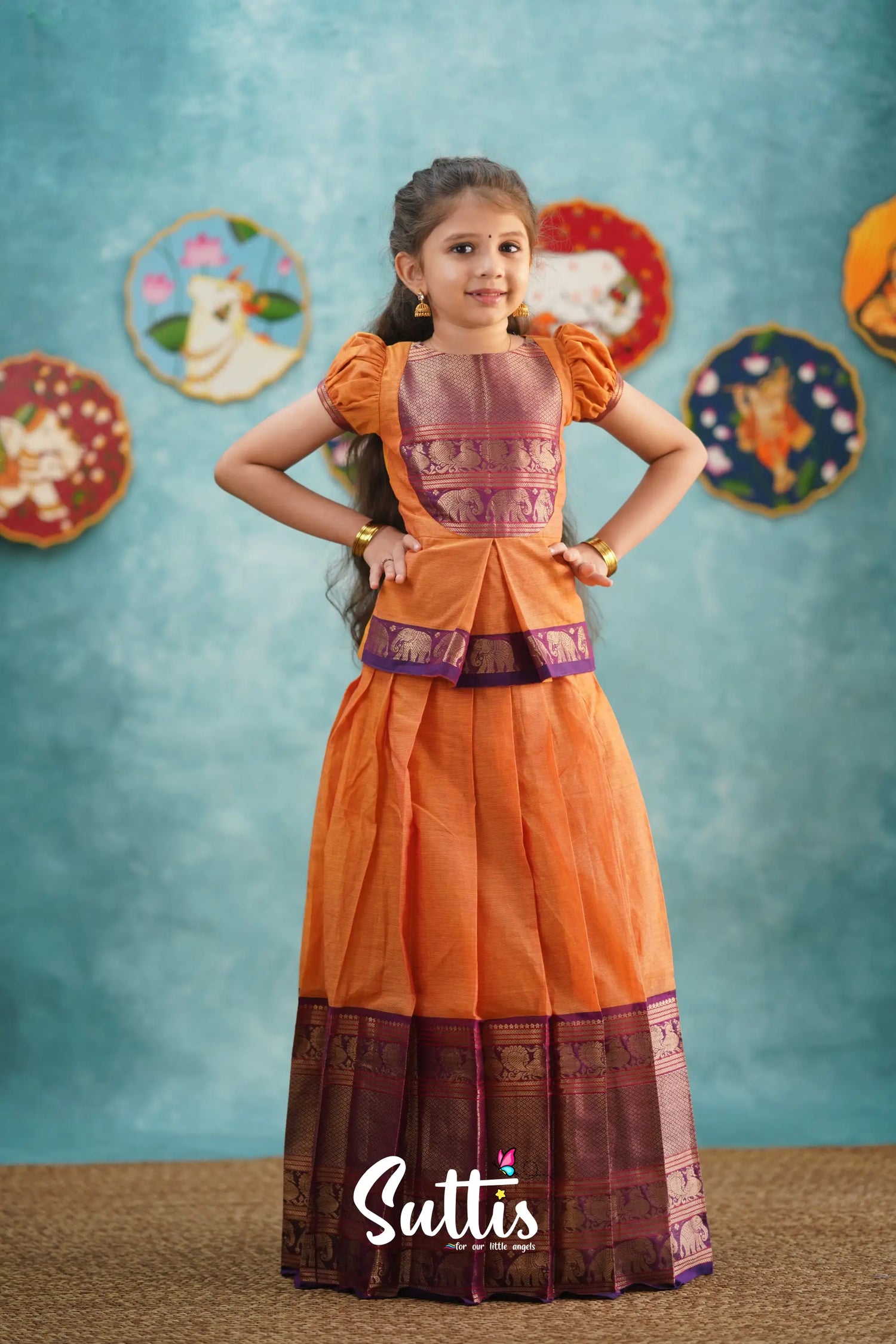 Padmaja - Orange And Purple Pavadai Sattai Kids-Suttis