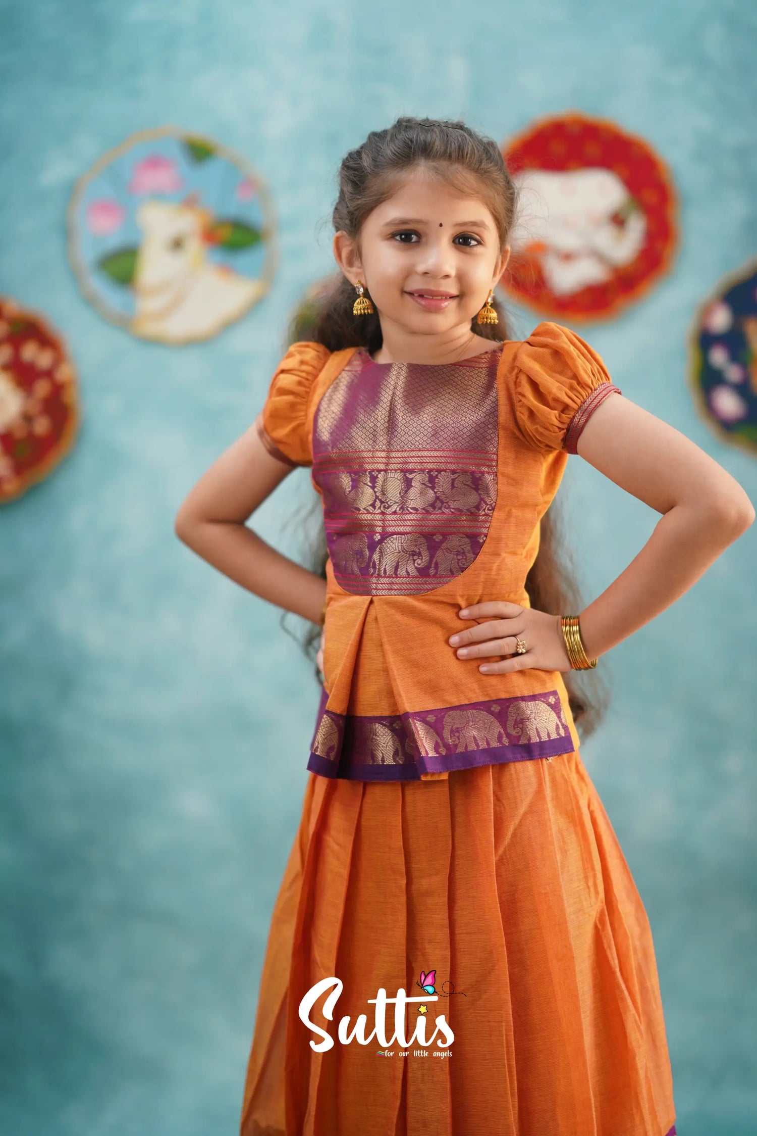 Padmaja - Orange And Purple Pavadai Sattai Kids-Suttis