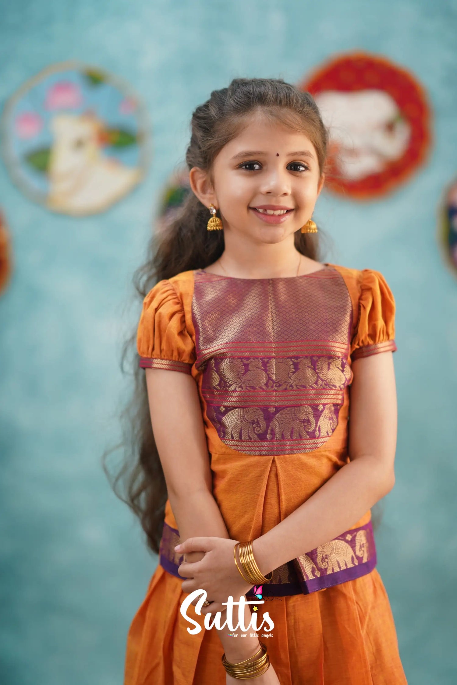 Padmaja - Orange And Purple Pavadai Sattai Kids-Suttis