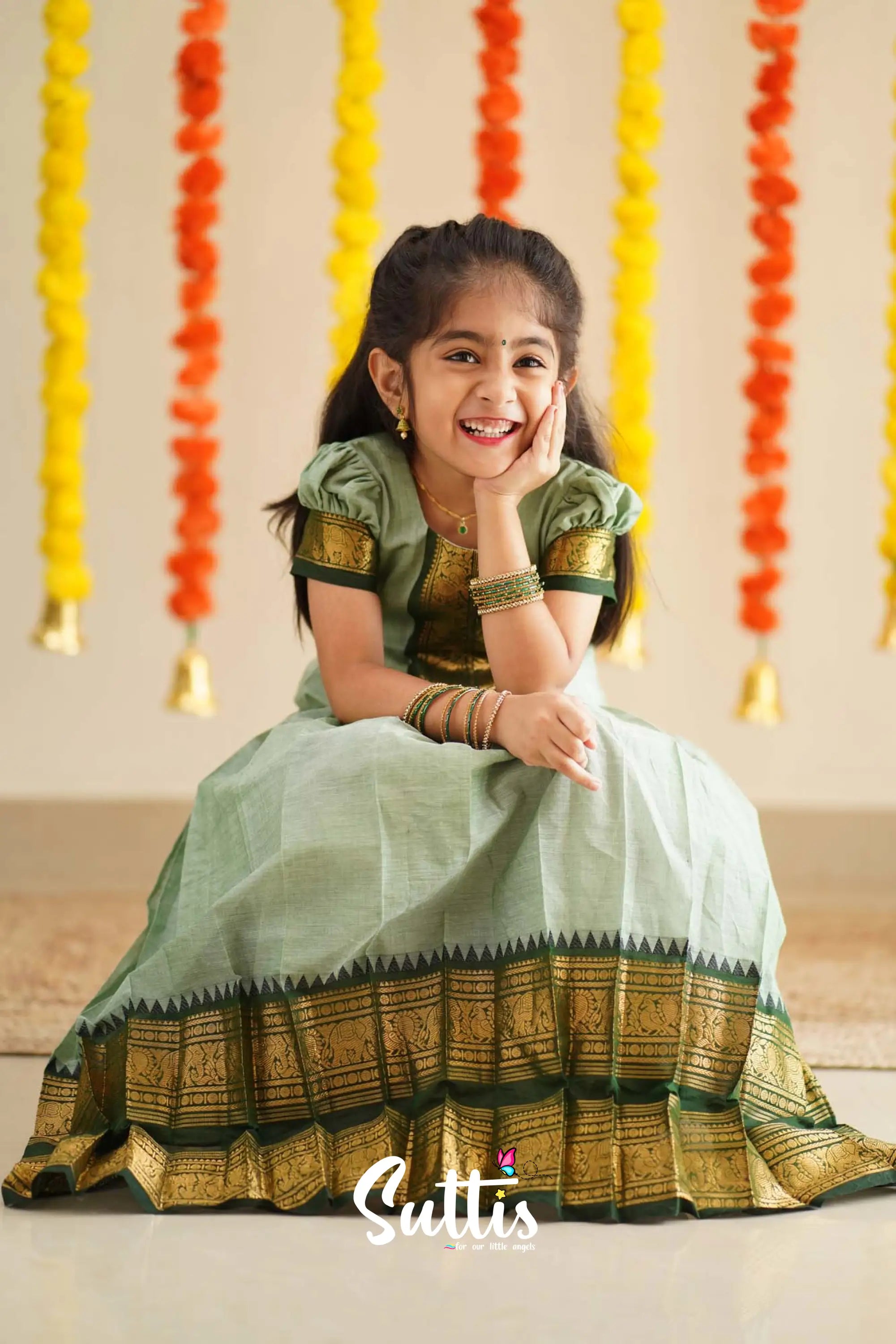 Padmaja - Pale Pistah Green And Dark Olive Handloom Cotton Pavadai Sattai Kids-Suttis