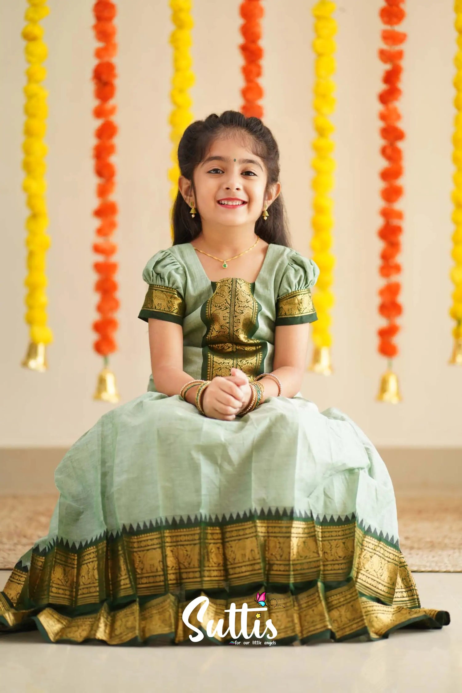 Padmaja - Pale Pistah Green And Dark Olive Handloom Cotton Pavadai Sattai Kids-Suttis