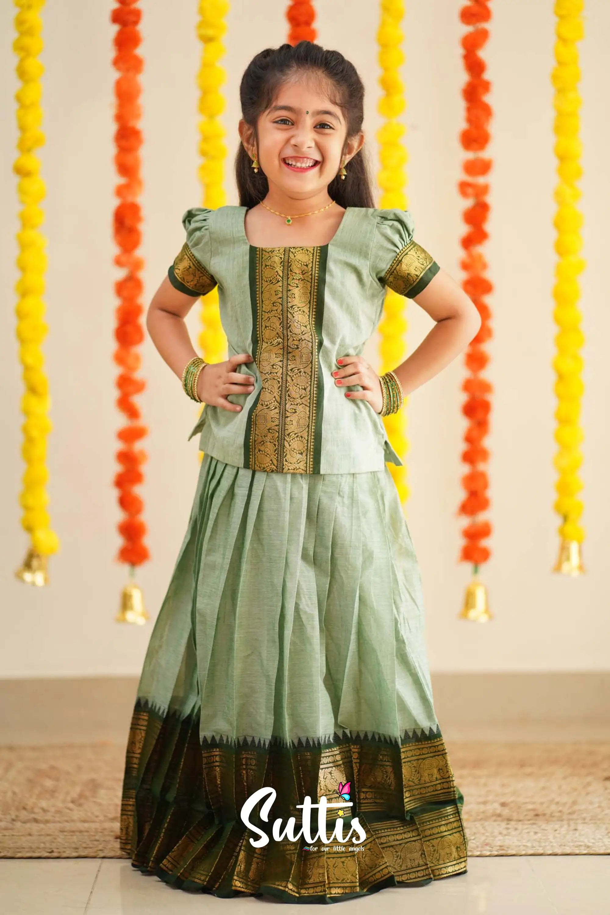 Padmaja - Pale Pistah Green And Dark Olive Handloom Cotton Pavadai Sattai Kids-Suttis