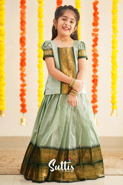 Padmaja - Pale Pistah Green And Dark Olive Handloom Cotton Pavadai Sattai Kids-Suttis