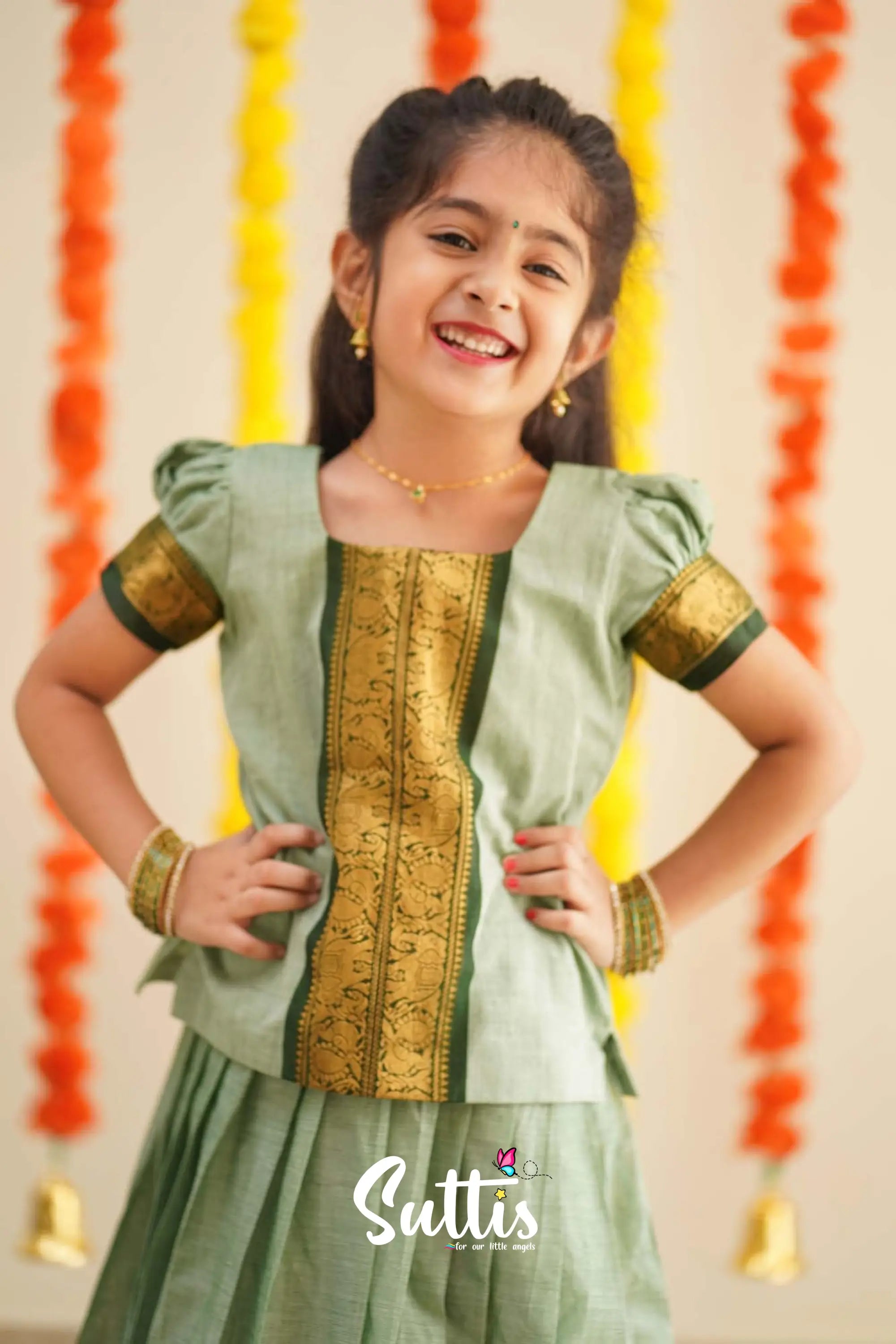 Padmaja - Pale Pistah Green And Dark Olive Handloom Cotton Pavadai Sattai Kids-Suttis