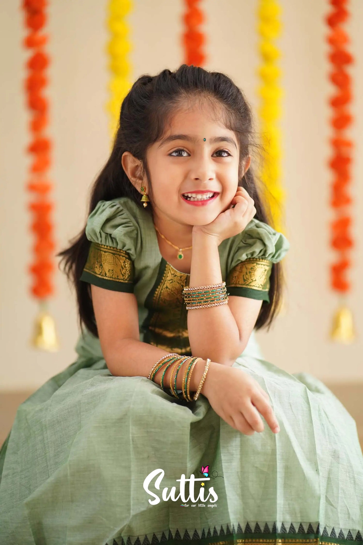 Padmaja - Pale Pistah Green And Dark Olive Handloom Cotton Pavadai Sattai Kids-Suttis