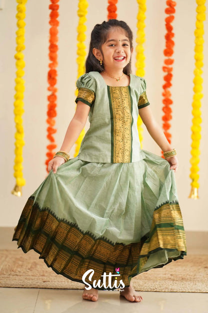 Padmaja - Pale Pistah Green And Dark Olive Handloom Cotton Pavadai Sattai Kids-Suttis