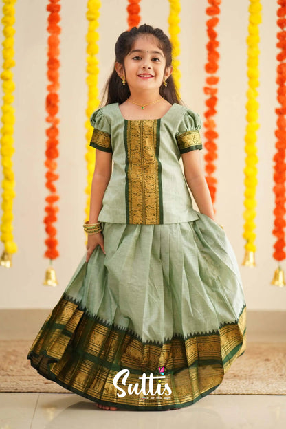 Padmaja - Pale Pistah Green And Dark Olive Handloom Cotton Pavadai Sattai Kids-Suttis