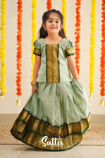 Padmaja - Pale Pistah Green And Dark Olive Handloom Cotton Pavadai Sattai Kids-Suttis