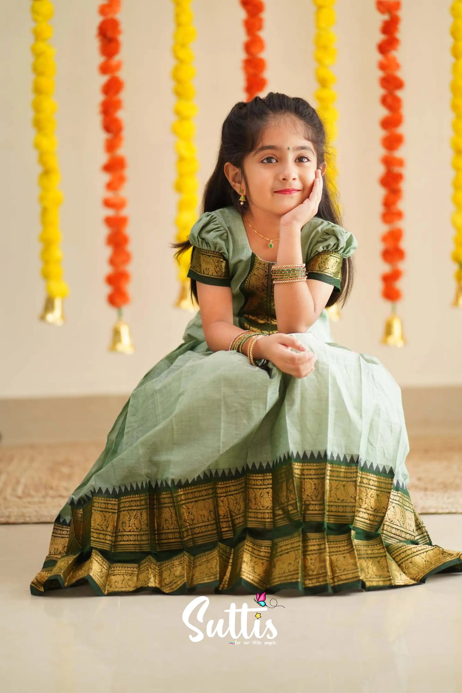 Padmaja - Pale Pistah Green And Dark Olive Handloom Cotton Pavadai Sattai Kids-Suttis