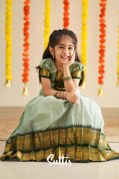 Padmaja - Pale Pistah Green And Dark Olive Handloom Cotton Pavadai Sattai Kids-Suttis