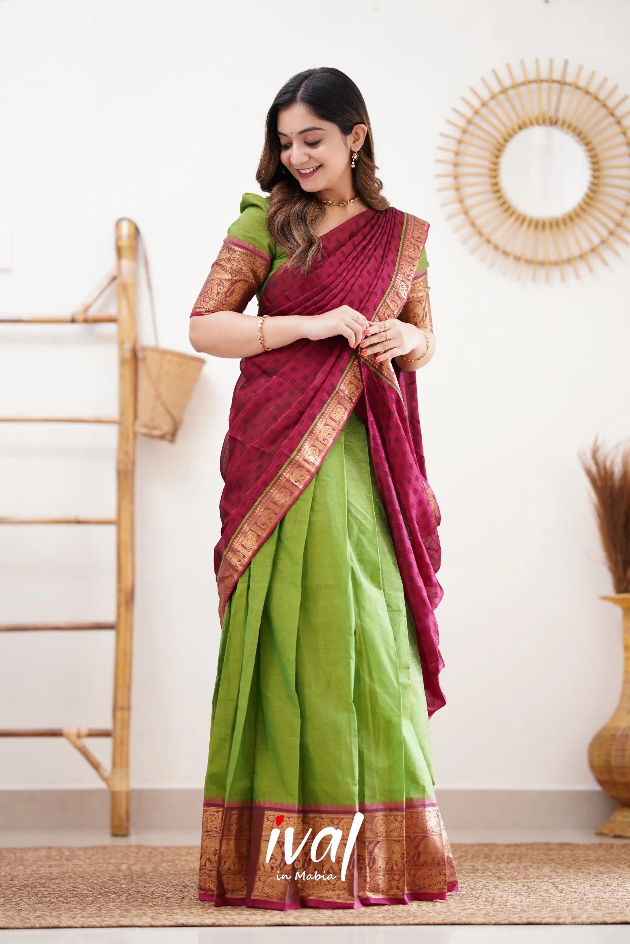 Padmaja - Parrot Green And Pink Cotton Halfsaree Half Sarees