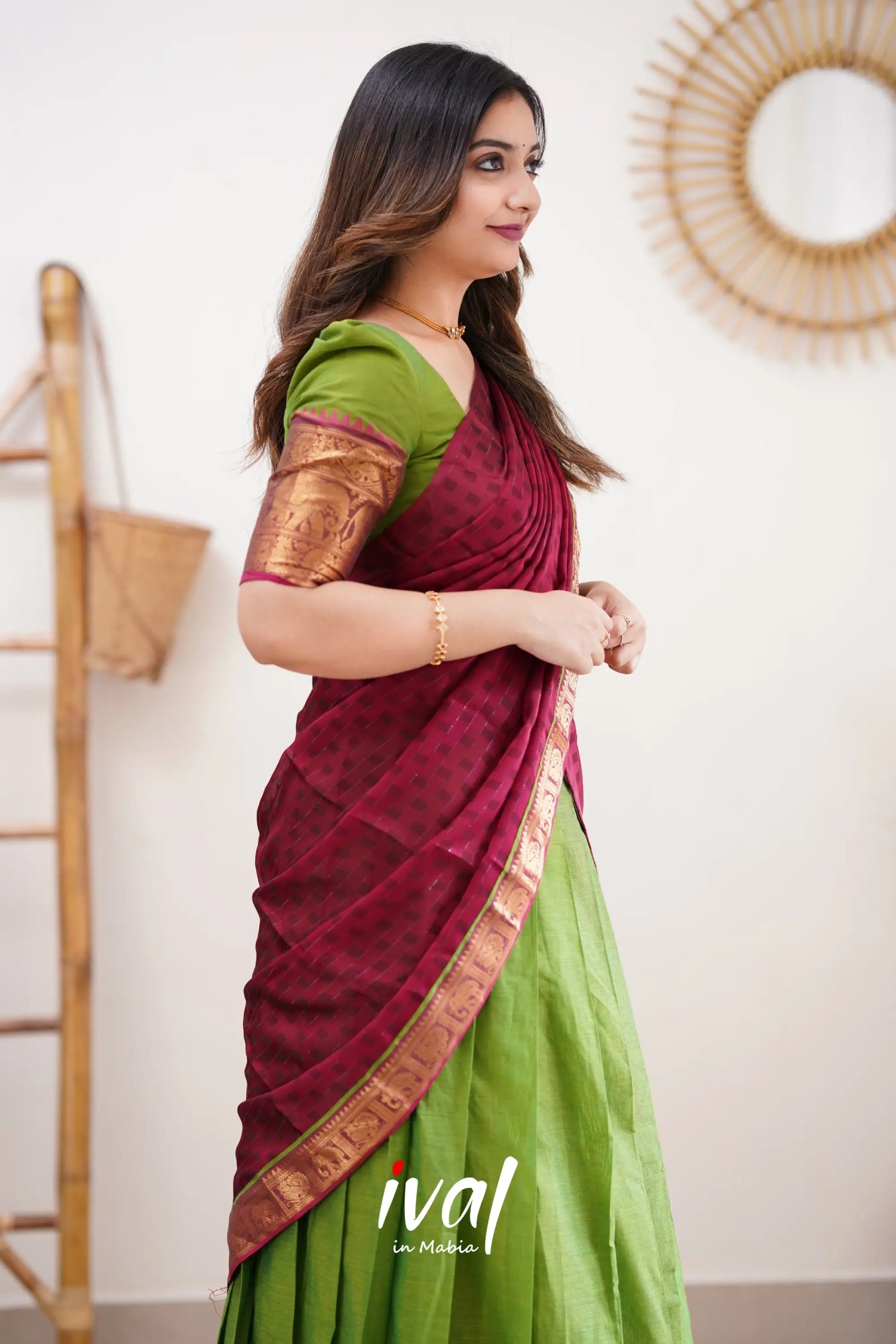 Padmaja - Parrot Green And Pink Cotton Halfsaree Half Sarees