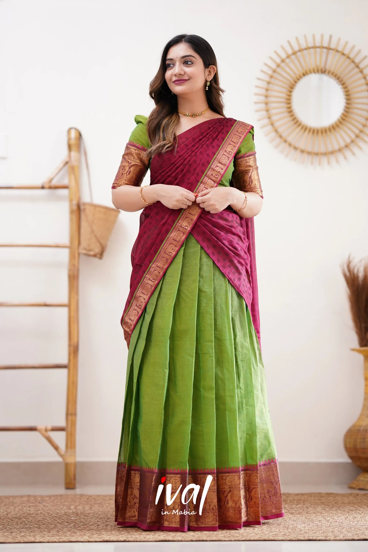 Padmaja - Parrot Green And Pink Cotton Halfsaree Half Sarees