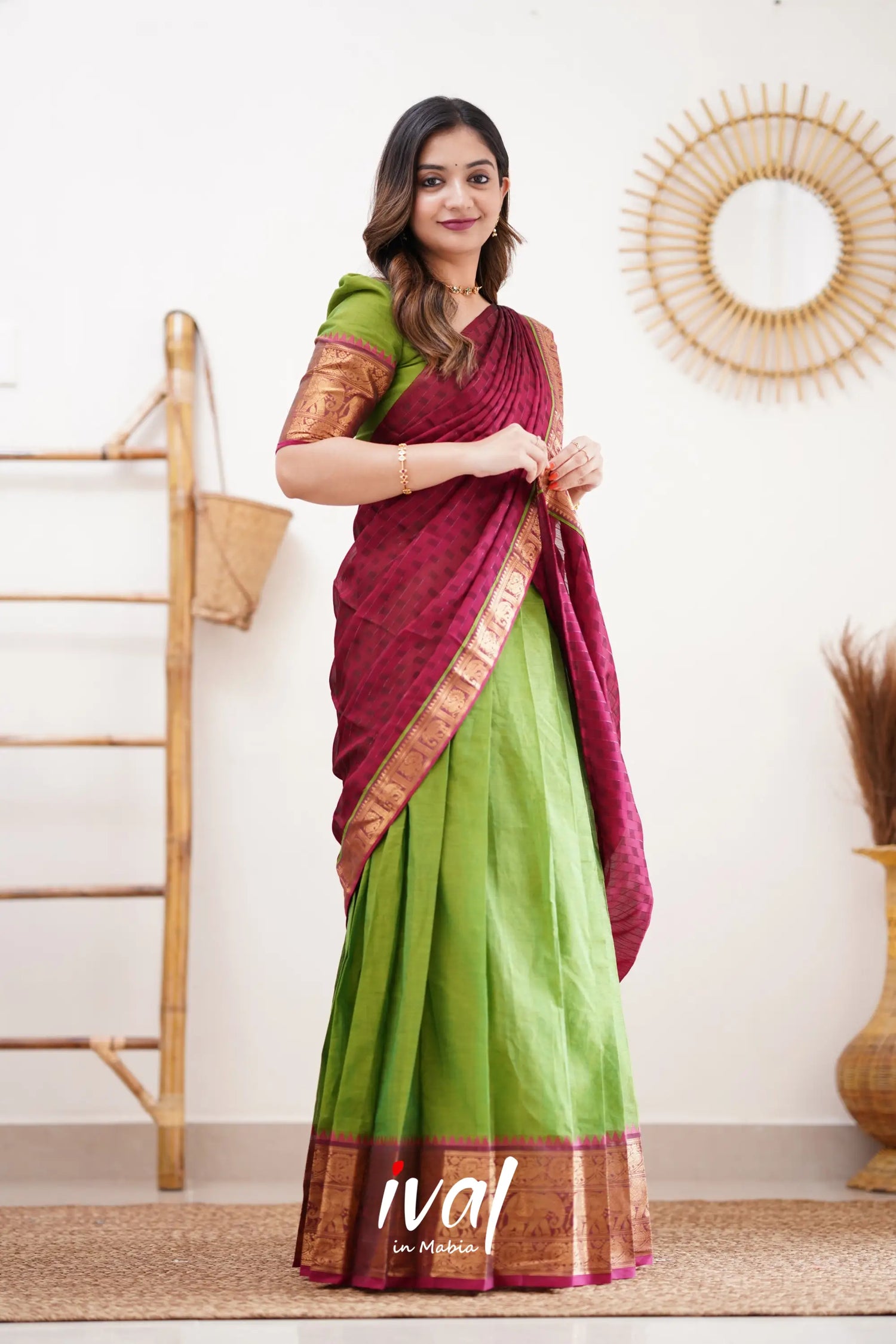 Padmaja - Parrot Green And Pink Cotton Halfsaree Half Sarees