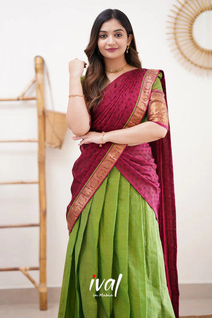 Padmaja - Parrot Green And Pink Cotton Halfsaree Half Sarees