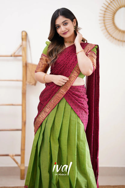 Padmaja - Parrot Green And Pink Cotton Halfsaree Half Sarees